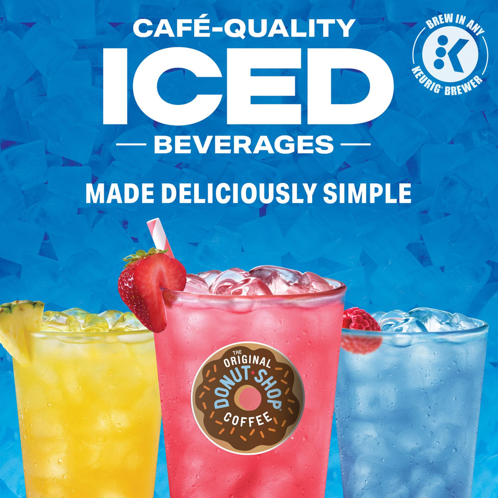 The Original Donut Shop Iced Refreshers brew-over-ice instruction image shows icy prep.