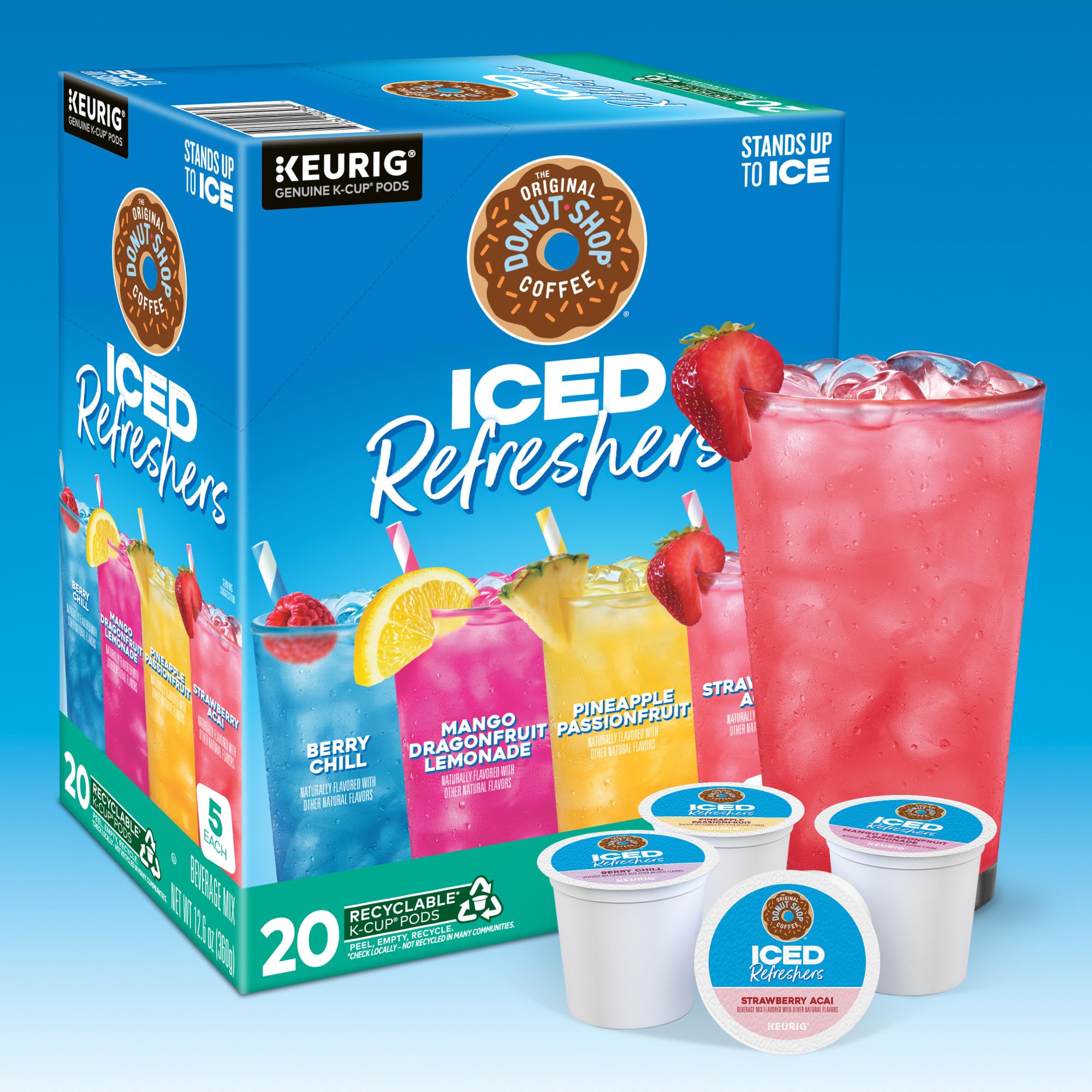 The Original Donut Shop Iced Refreshers K-Cup pods appear with recyclable packaging.
