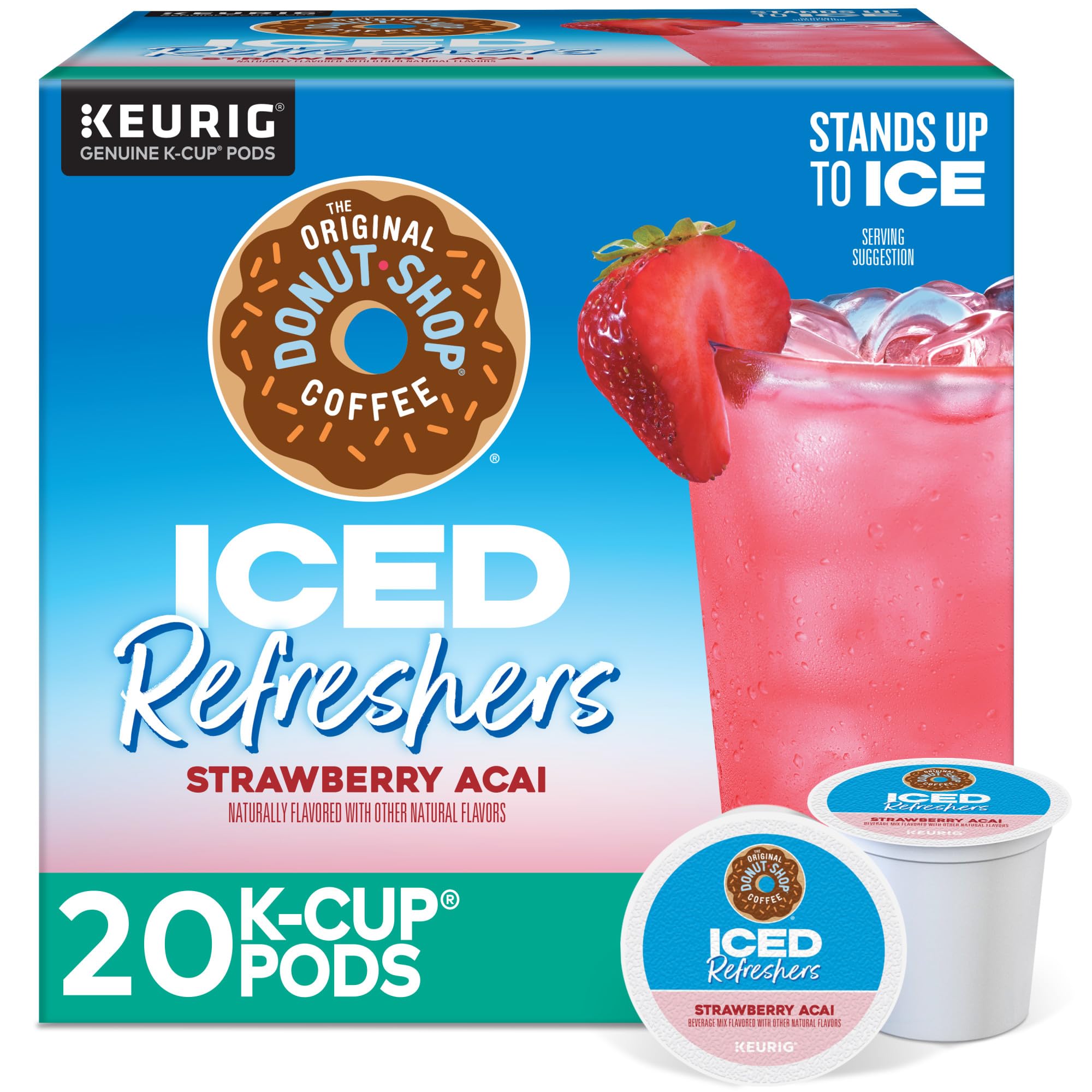The Original Donut Shop Iced Refreshers packaging highlights strawberry acai flavor for easy at-home use.