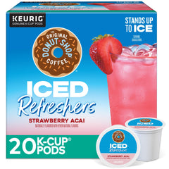 The Original Donut Shop Iced Refreshers packaging highlights strawberry acai flavor for easy at-home use.