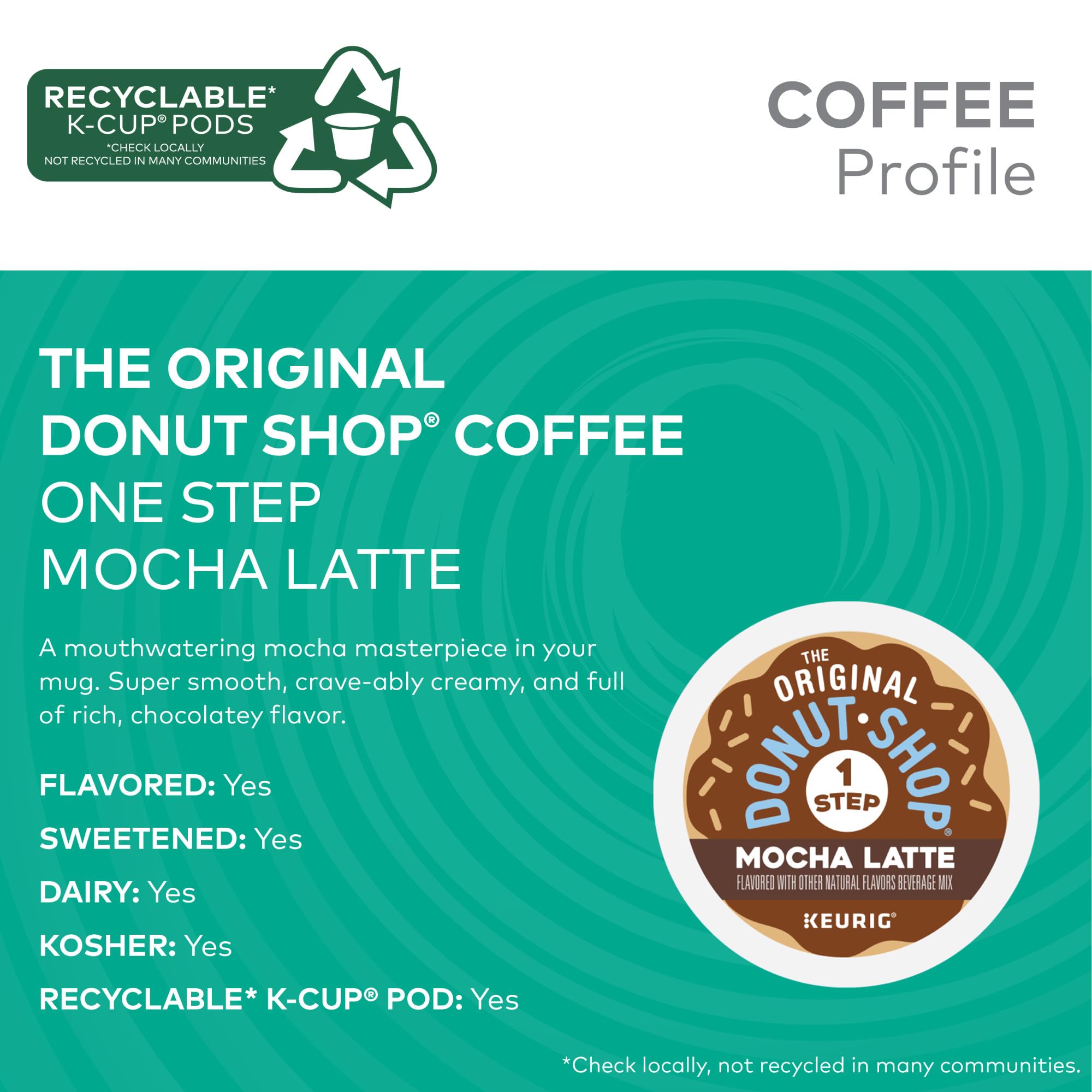 The Original Donut Shop Mocha One-Step Latte K-Cup pods neatly stacked for easy storage.
