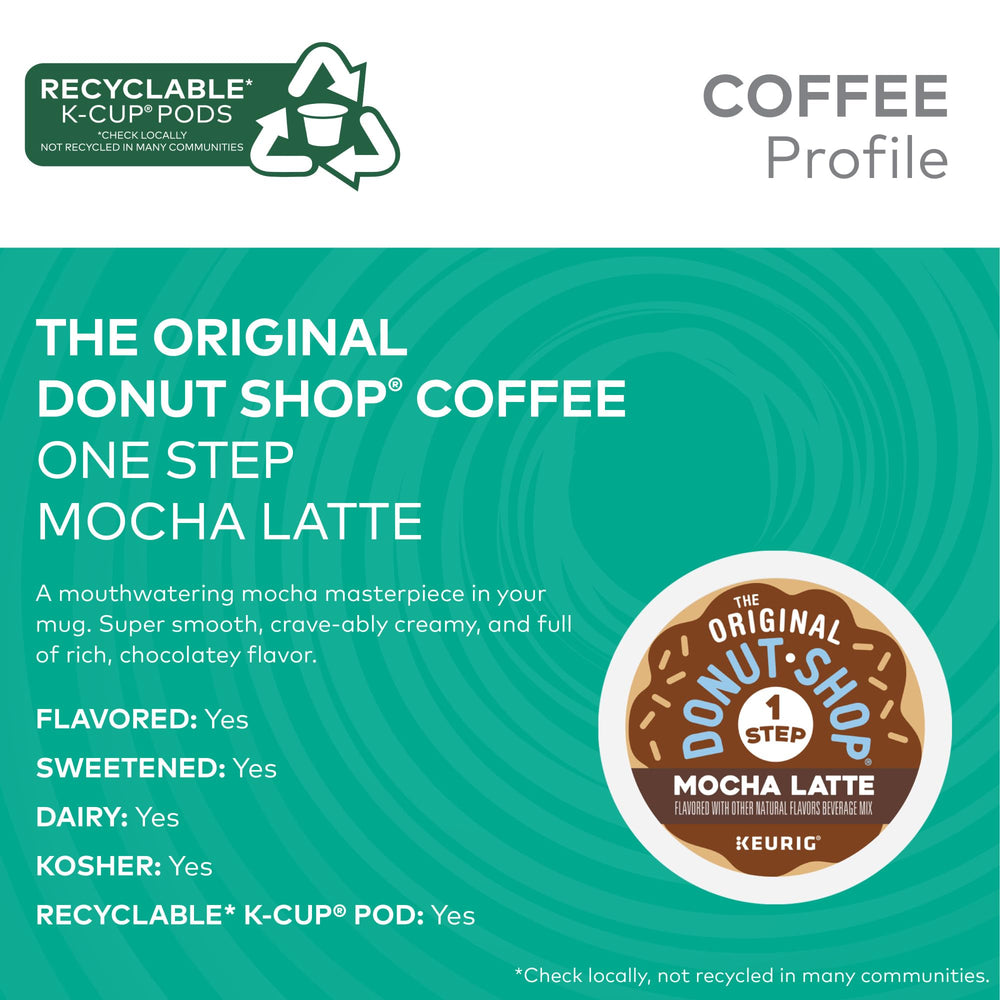 The Original Donut Shop Mocha One-Step Latte K-Cup pods neatly stacked for easy storage.