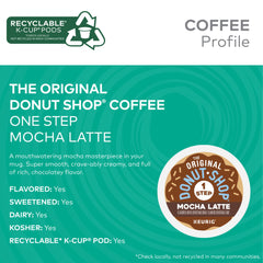 The Original Donut Shop Mocha One-Step Latte K-Cup pods neatly stacked for easy storage.