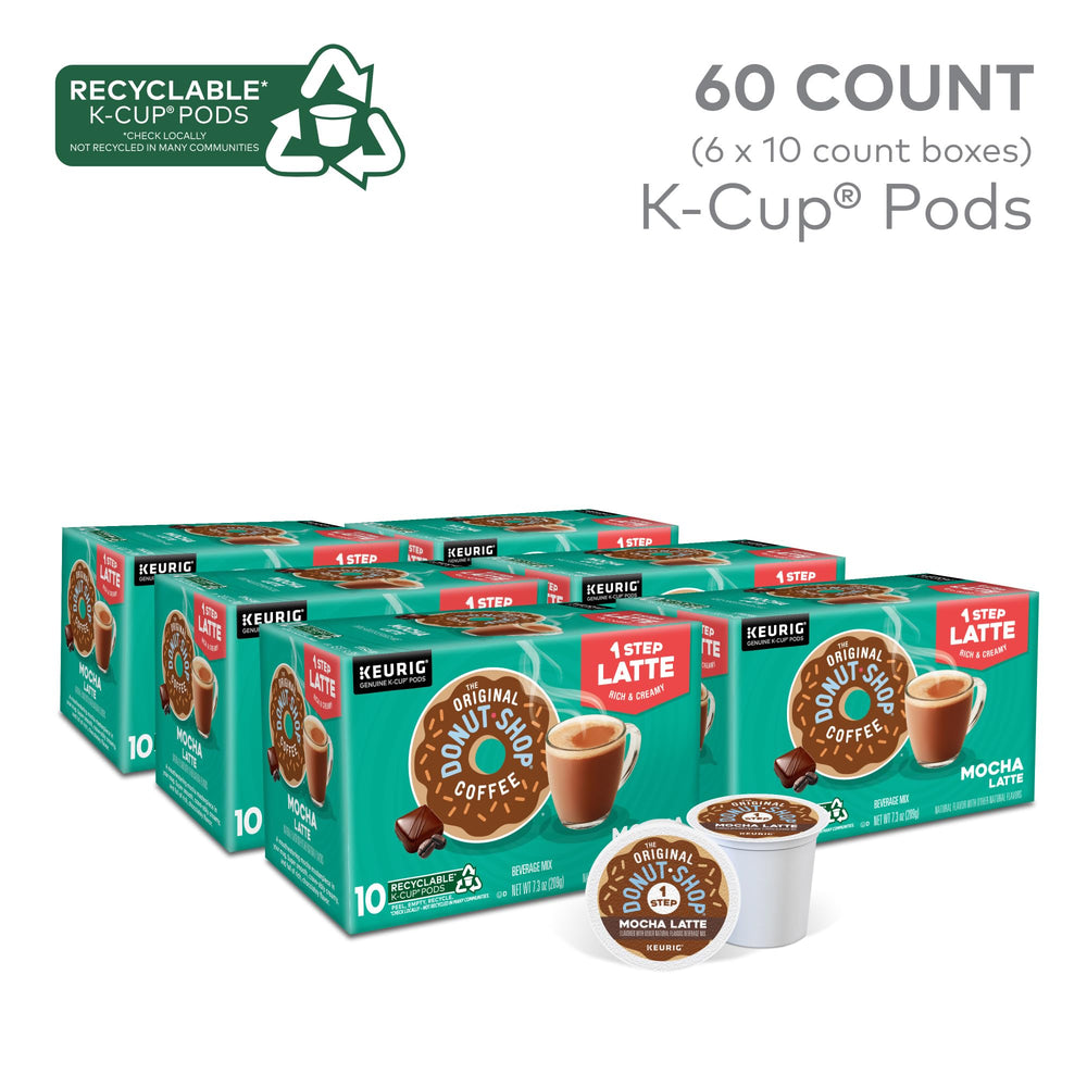 The Original Donut Shop Mocha One-Step Latte packaging highlights convenient single-serve flavor.