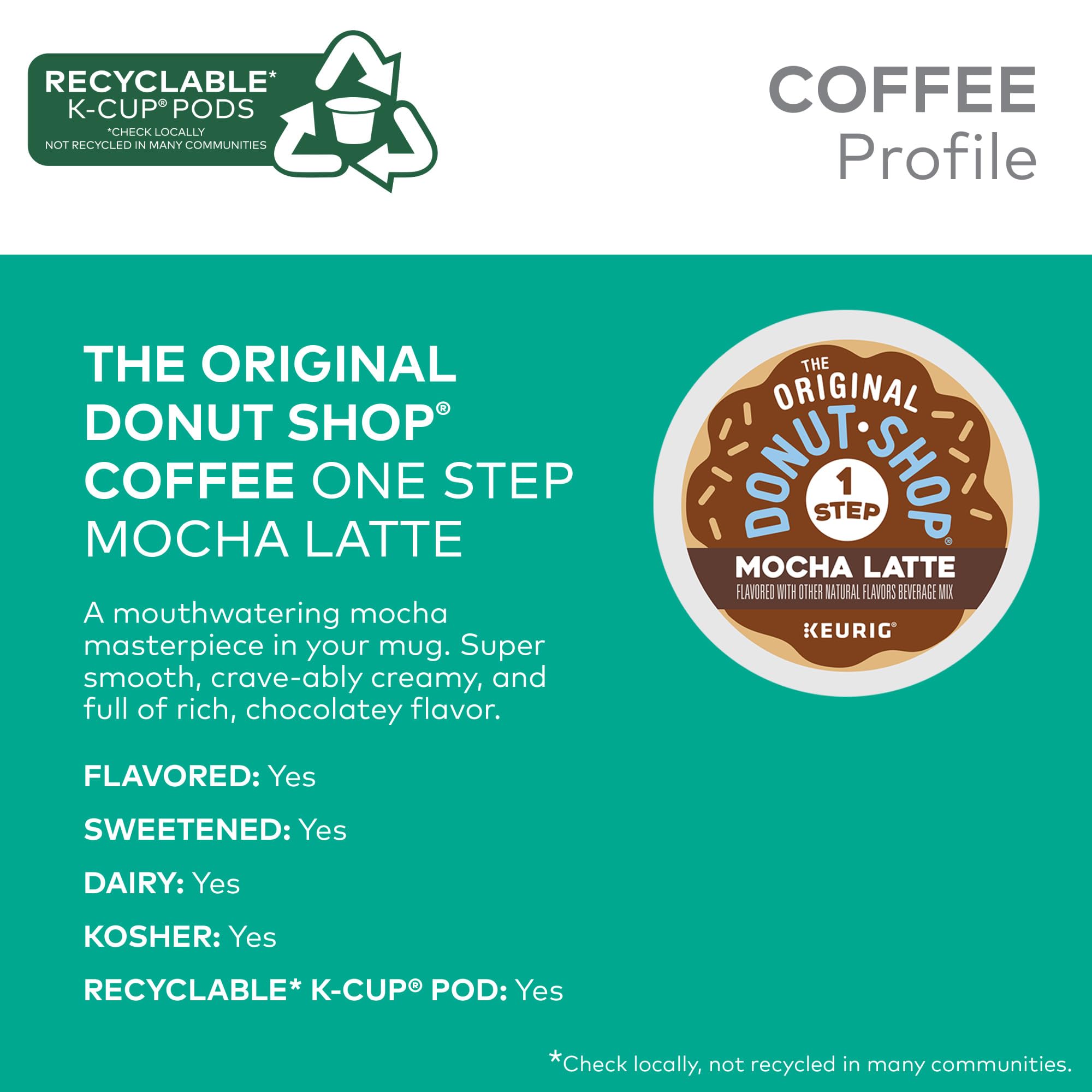 The Original Donut Shop Mocha One-Step Latte pod closeup shows creamy aroma.