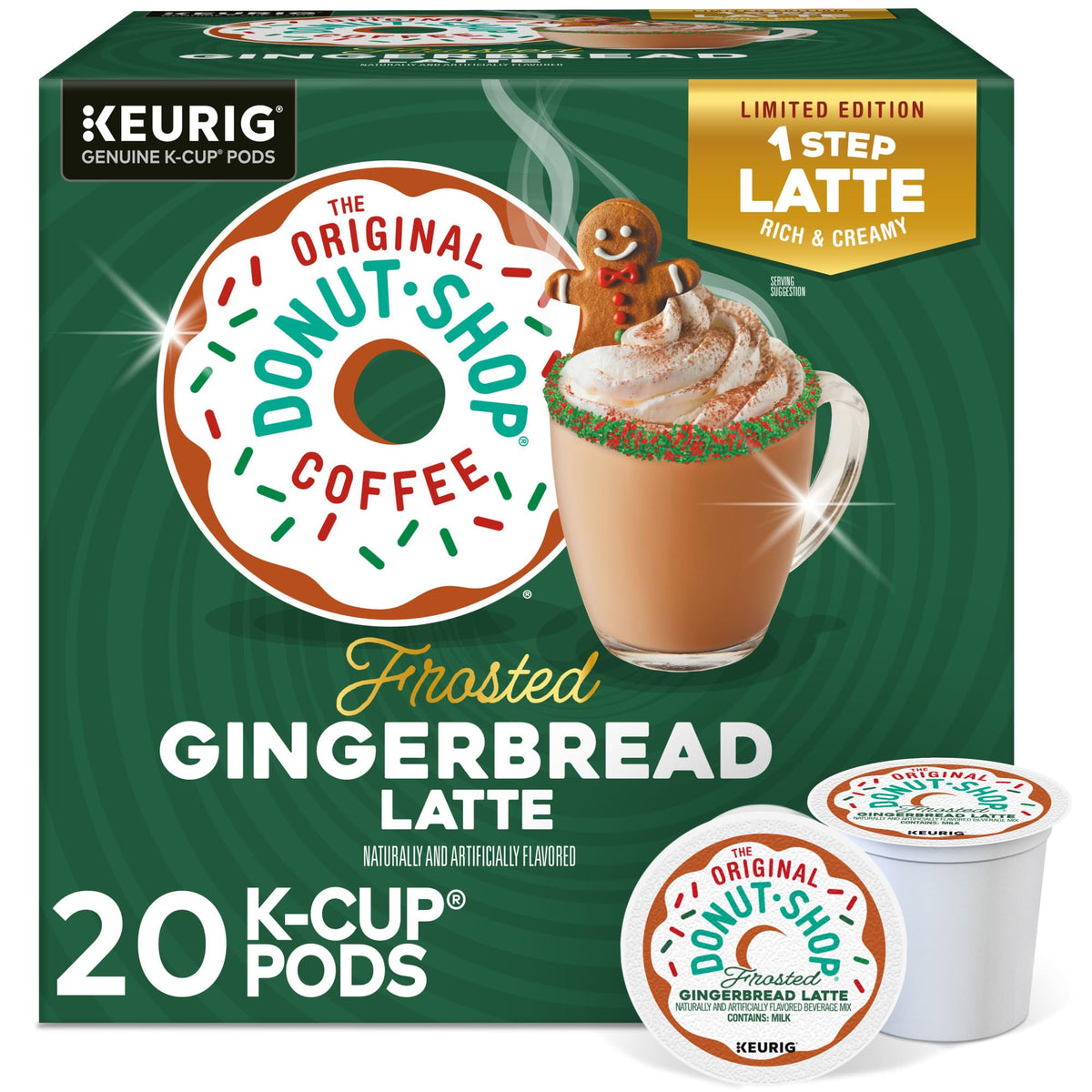 The Original Donut Shop One Step Latte frosted gingerbread K-Cup pods for quick, flavorful lattes.