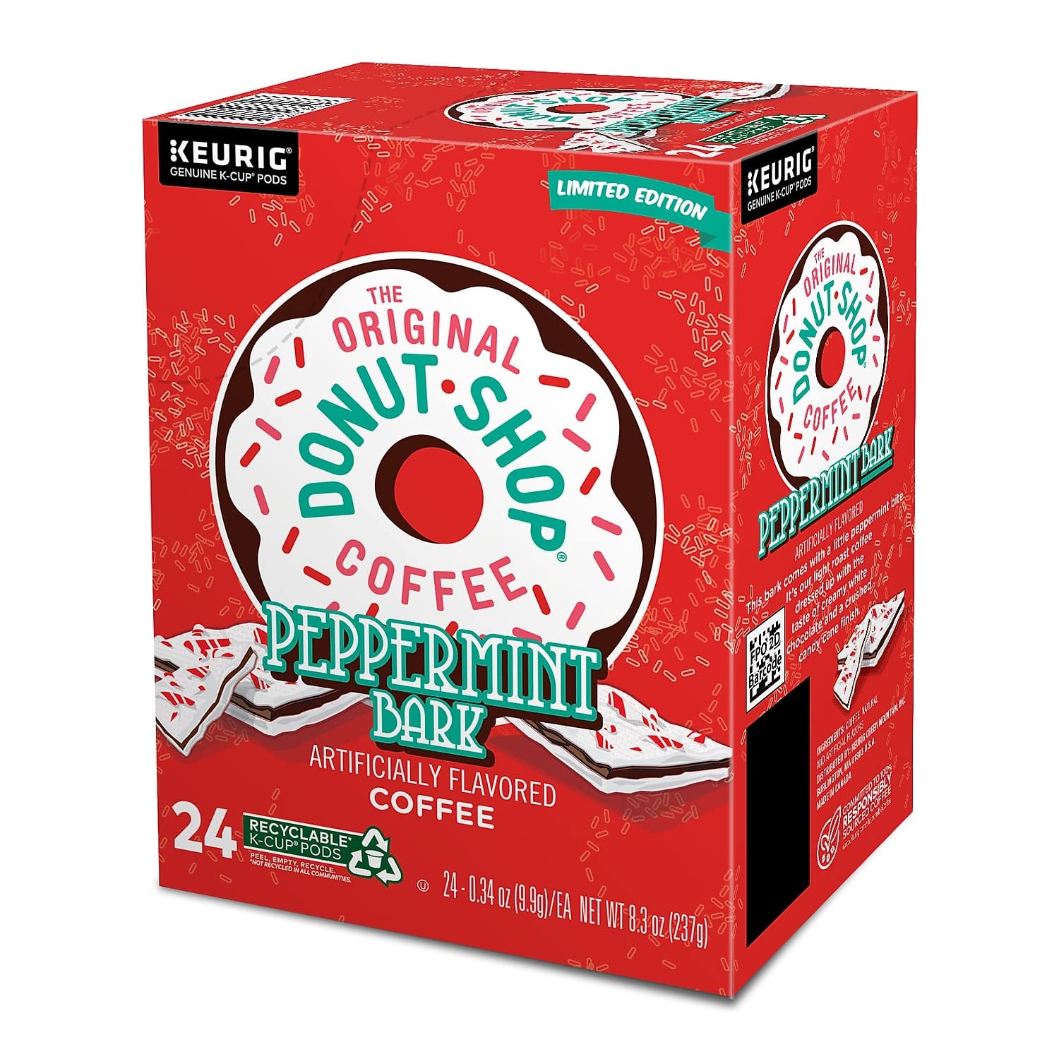 The Original Donut Shop Peppermint Bark K-Cup pods brewed cup, suggesting light roast with minty sweetness.