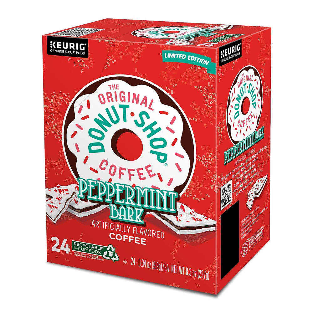 The Original Donut Shop Peppermint Bark K-Cup pods brewed cup, suggesting light roast with minty sweetness.