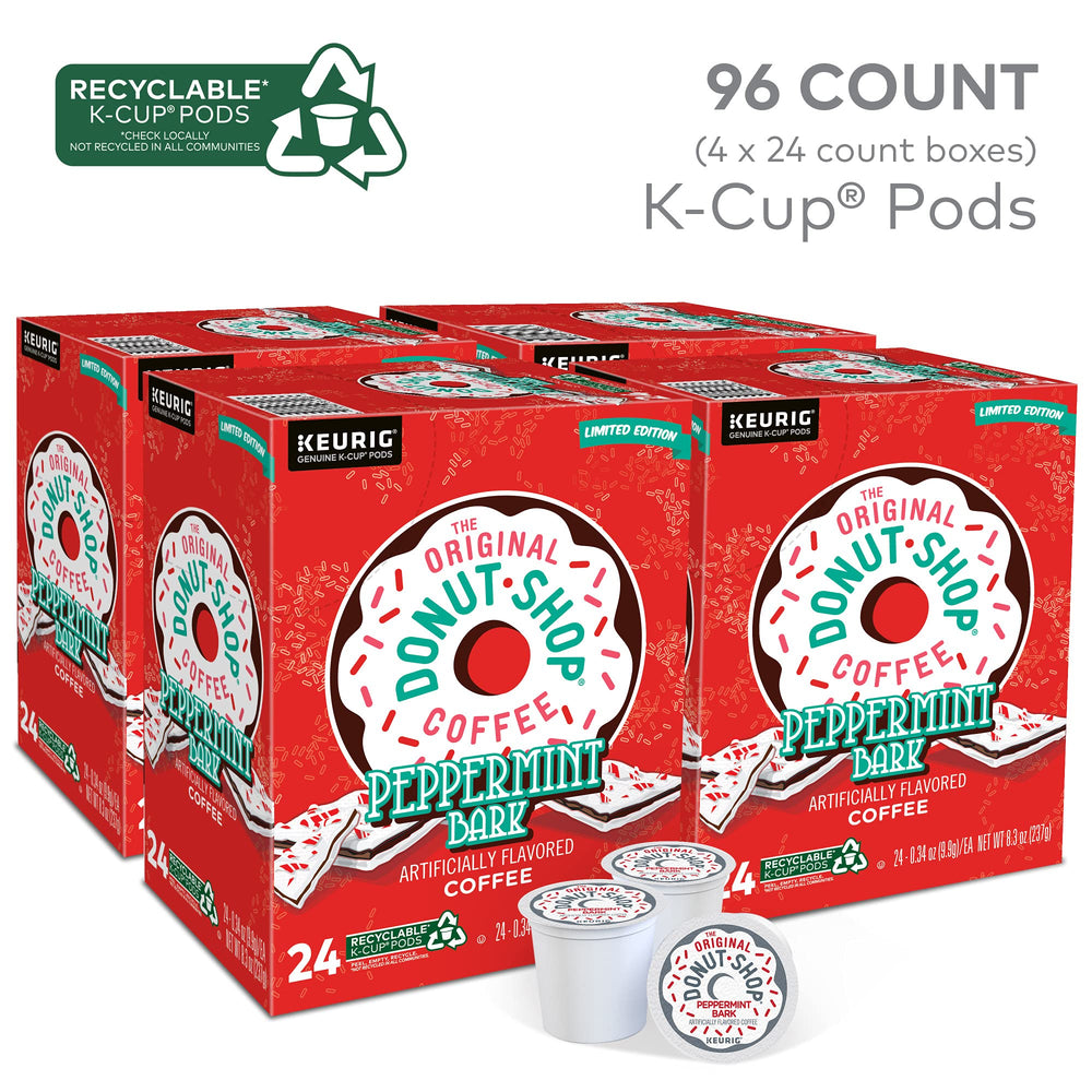 The Original Donut Shop Peppermint Bark K-Cup pods packaging close-up highlighting recyclability