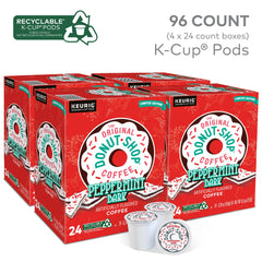 The Original Donut Shop Peppermint Bark K-Cup pods packaging close-up highlighting recyclability