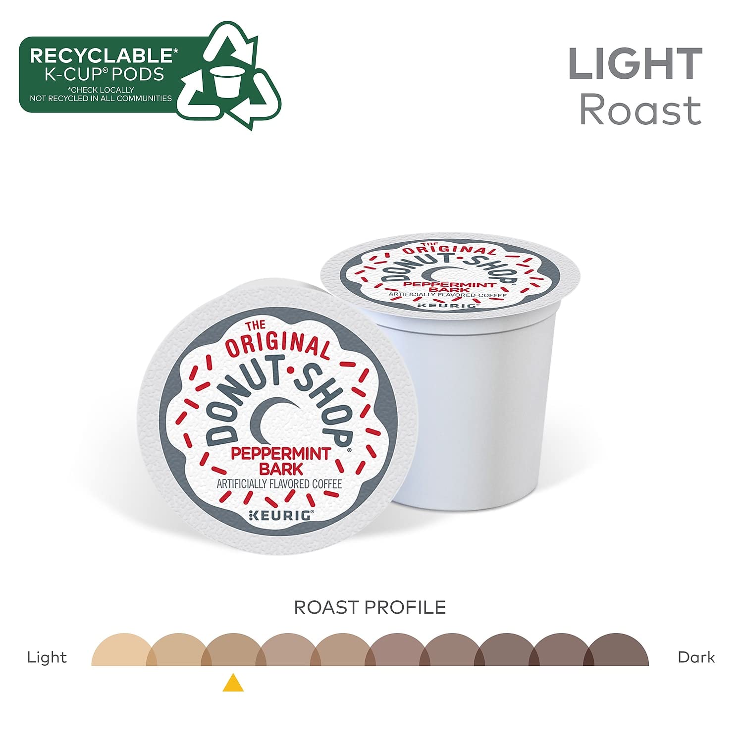 The Original Donut Shop Peppermint Bark K-Cup pods pod close-up, highlighting aromatic roast and candy cane finish.
