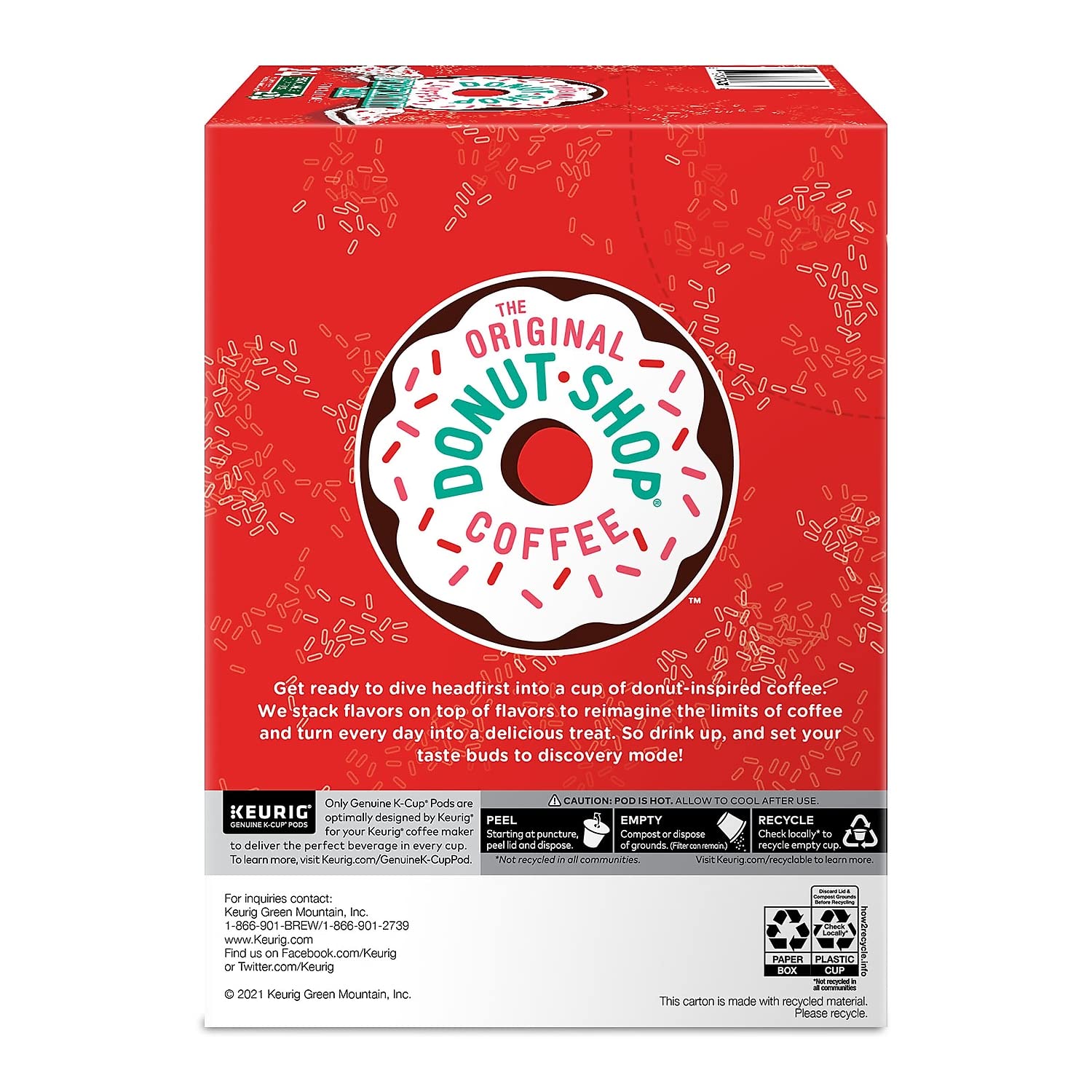 The Original Donut Shop Peppermint Bark K-Cup pods served mug, perfect for holiday-like cozy mornings.