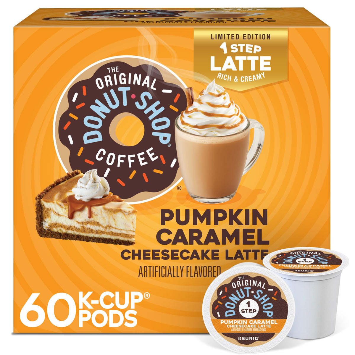 The Original Donut Shop Pumpkin Caramel Cheesecake Latte pod—creamy pumpkin caramel flavor for Keurig.