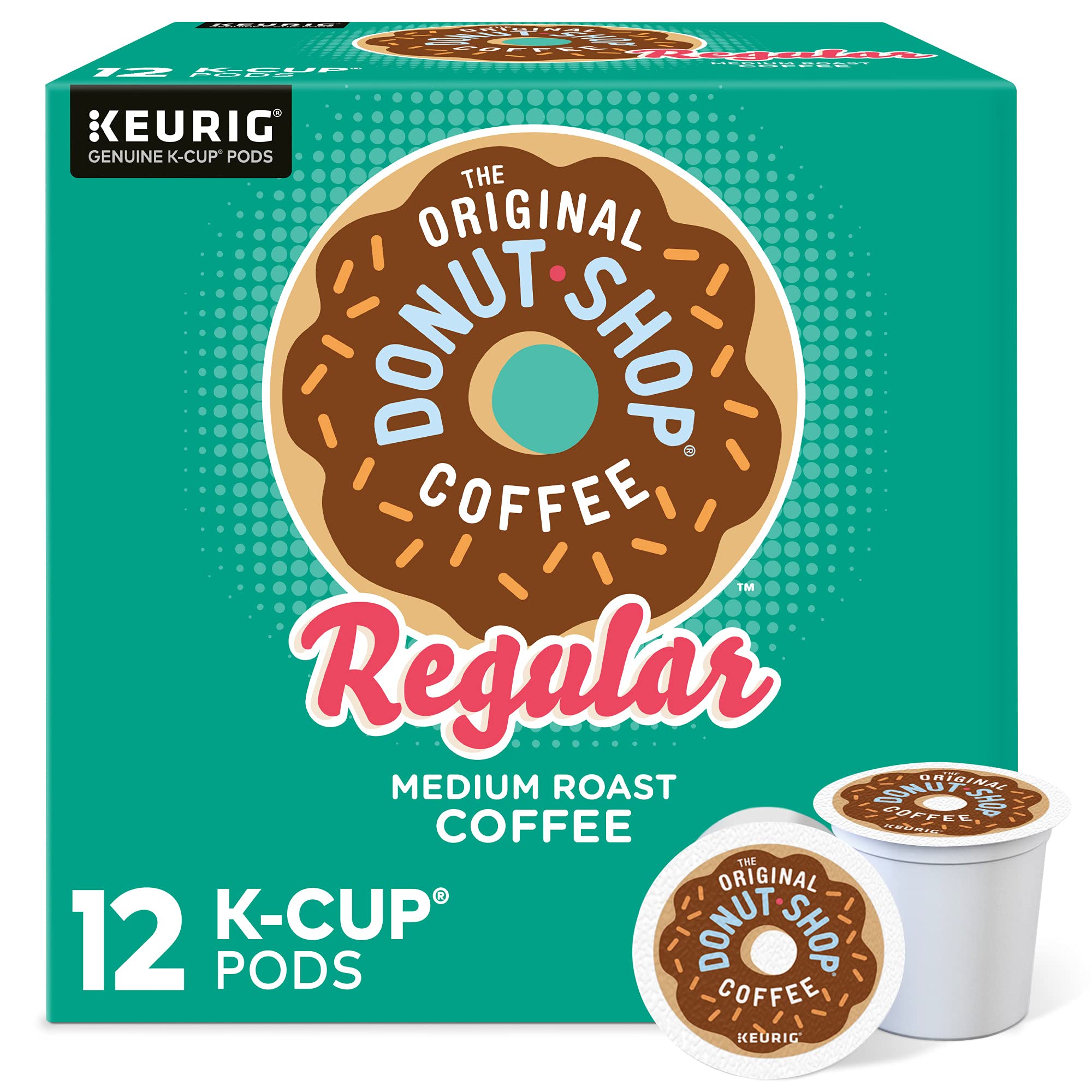 The Original Donut Shop Regular K-Cups packaging in a 12-count box for easy pantry storage.