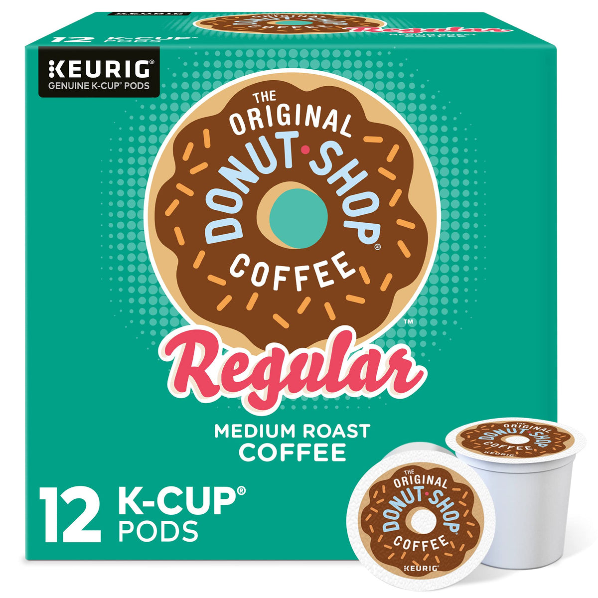 The Original Donut Shop Regular K-Cups packaging in a 12-count box for easy pantry storage.