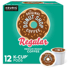 The Original Donut Shop Regular K-Cups packaging in a 12-count box for easy pantry storage.