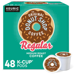 The Original Donut Shop Regular pods in a box, bold medium roast flavor.