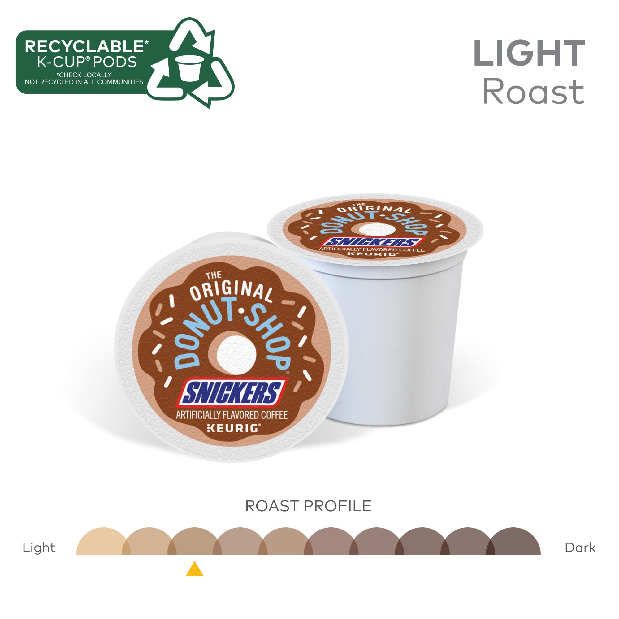 A Keurig brewer beside Snickers K-Cup pods for quick mornings