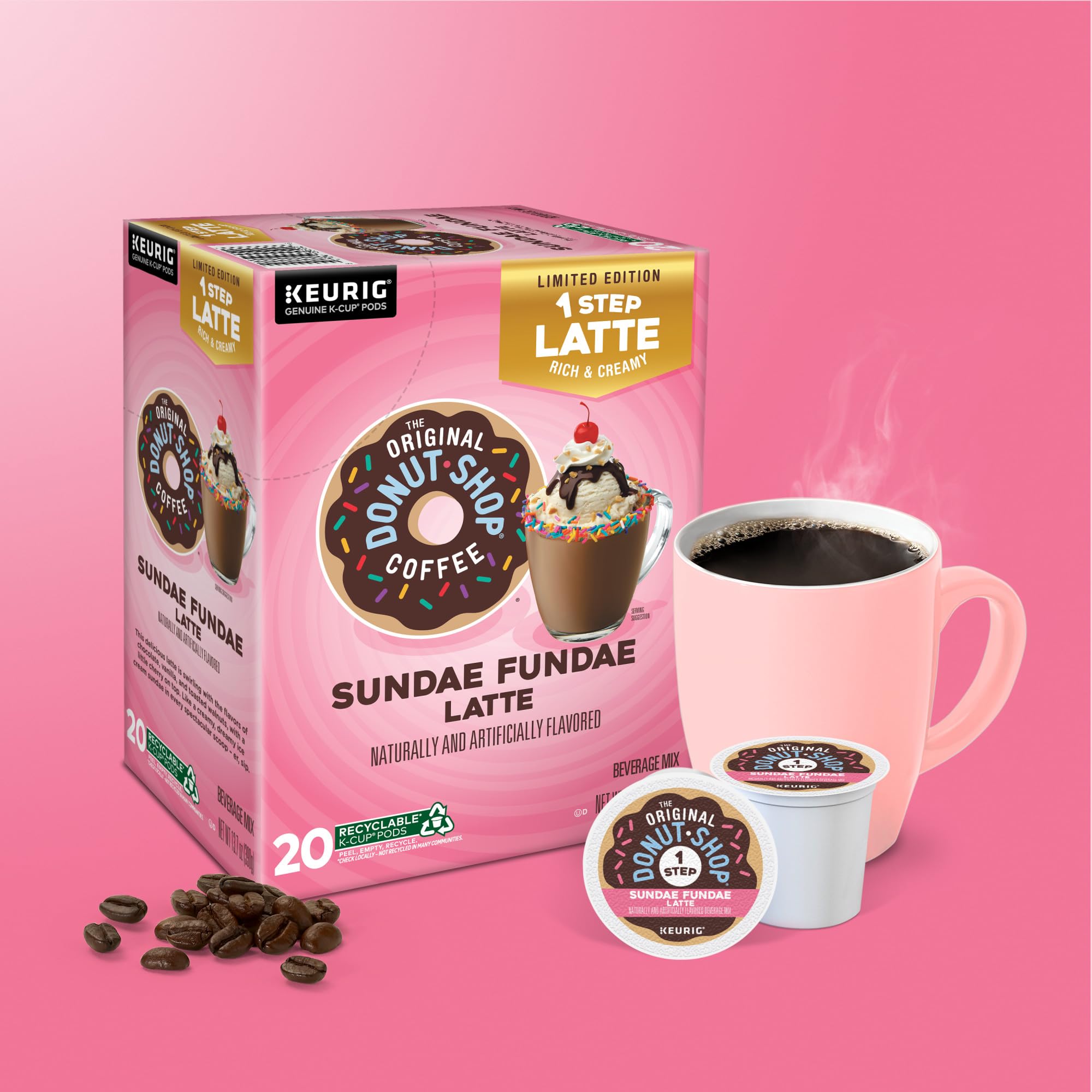 The Original Donut Shop Sundae Fundae Latte cup shows a rich foamy top.