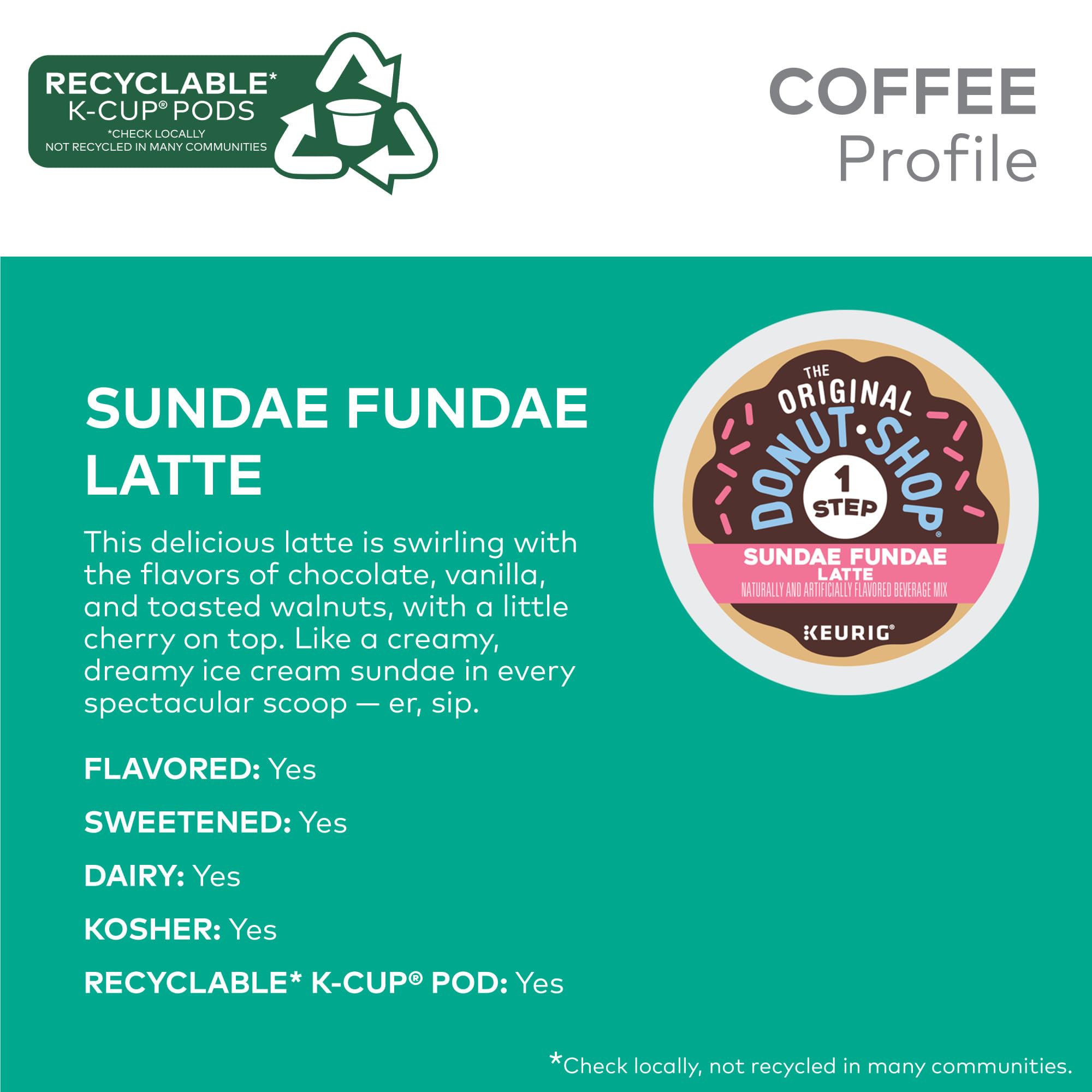 Close-up of The Original Donut Shop Sundae Fundae Latte pod with chocolate and vanilla notes.