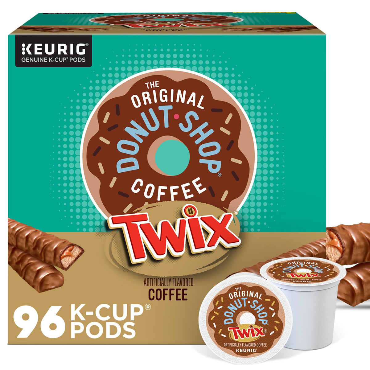 The Original Donut Shop Twix coffee K-Cup pods packaging shows a convenient four-pack display.