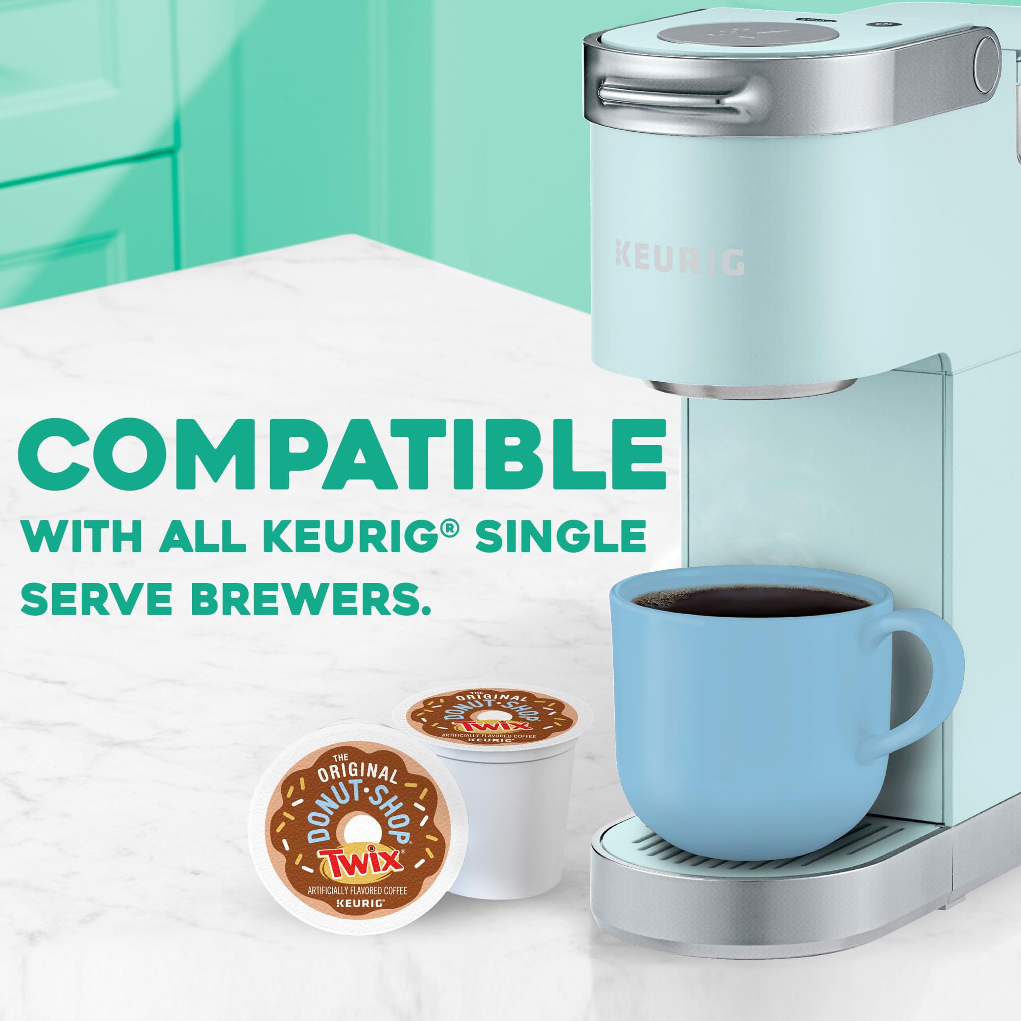 The Original Donut Shop Twix coffee K-Cups aroma badge suggests rich flavor.
