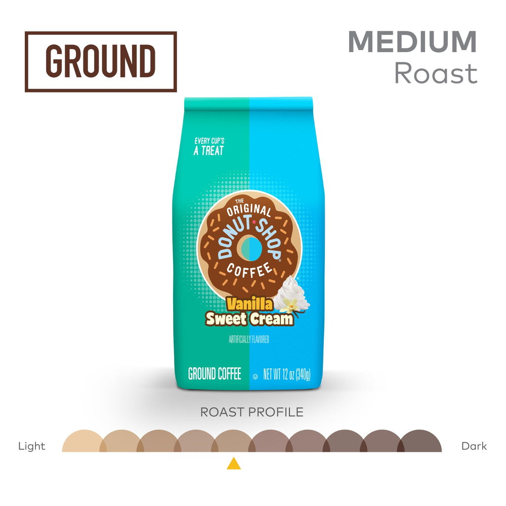 The Original Donut Shop Vanilla Sweet Cream coffee bag label shows flavor and freshness.