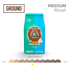 The Original Donut Shop Vanilla Sweet Cream coffee bag label shows flavor and freshness.