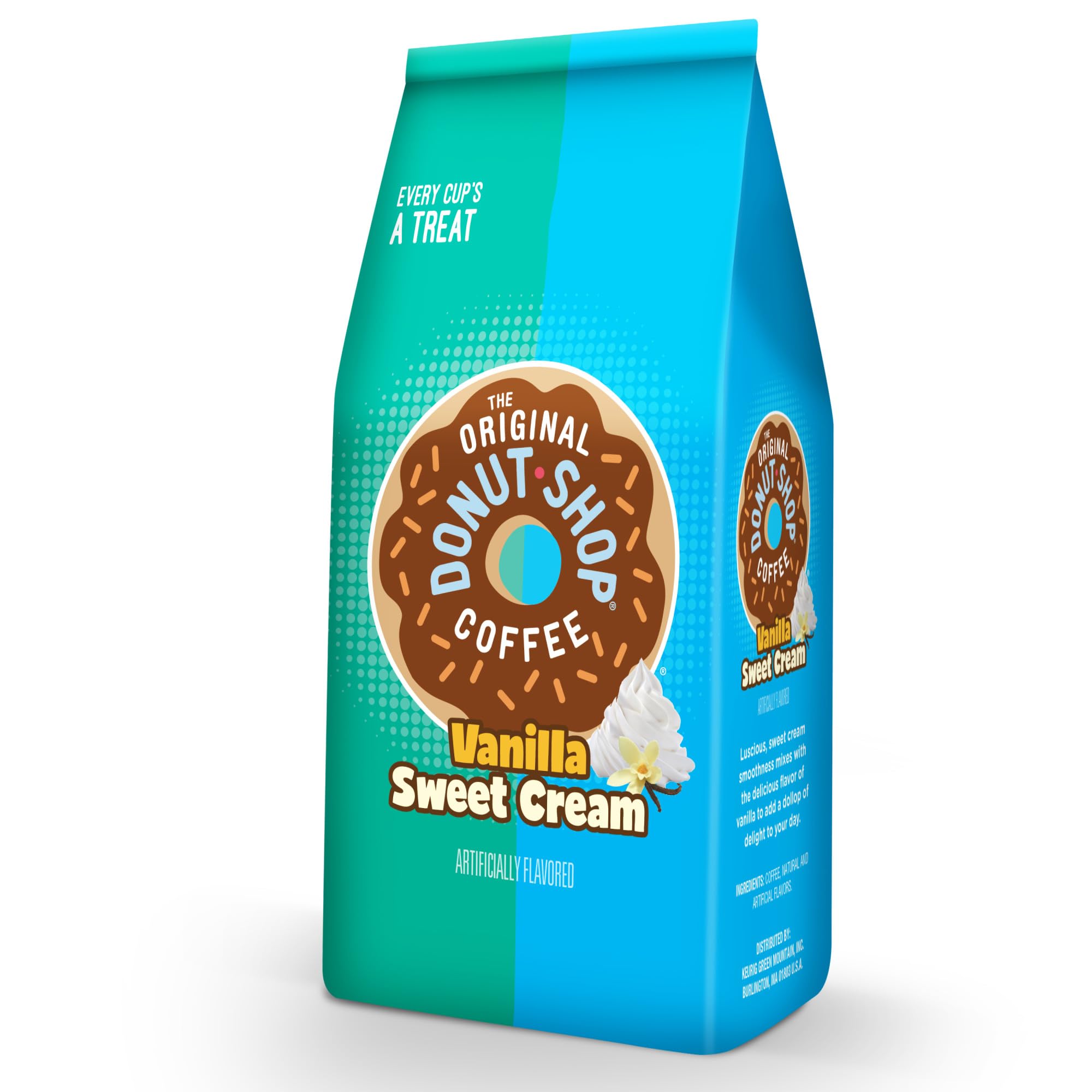 The Original Donut Shop Vanilla Sweet Cream coffee bag stack in pantry.