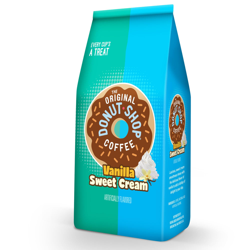 The Original Donut Shop Vanilla Sweet Cream coffee bag stack in pantry.