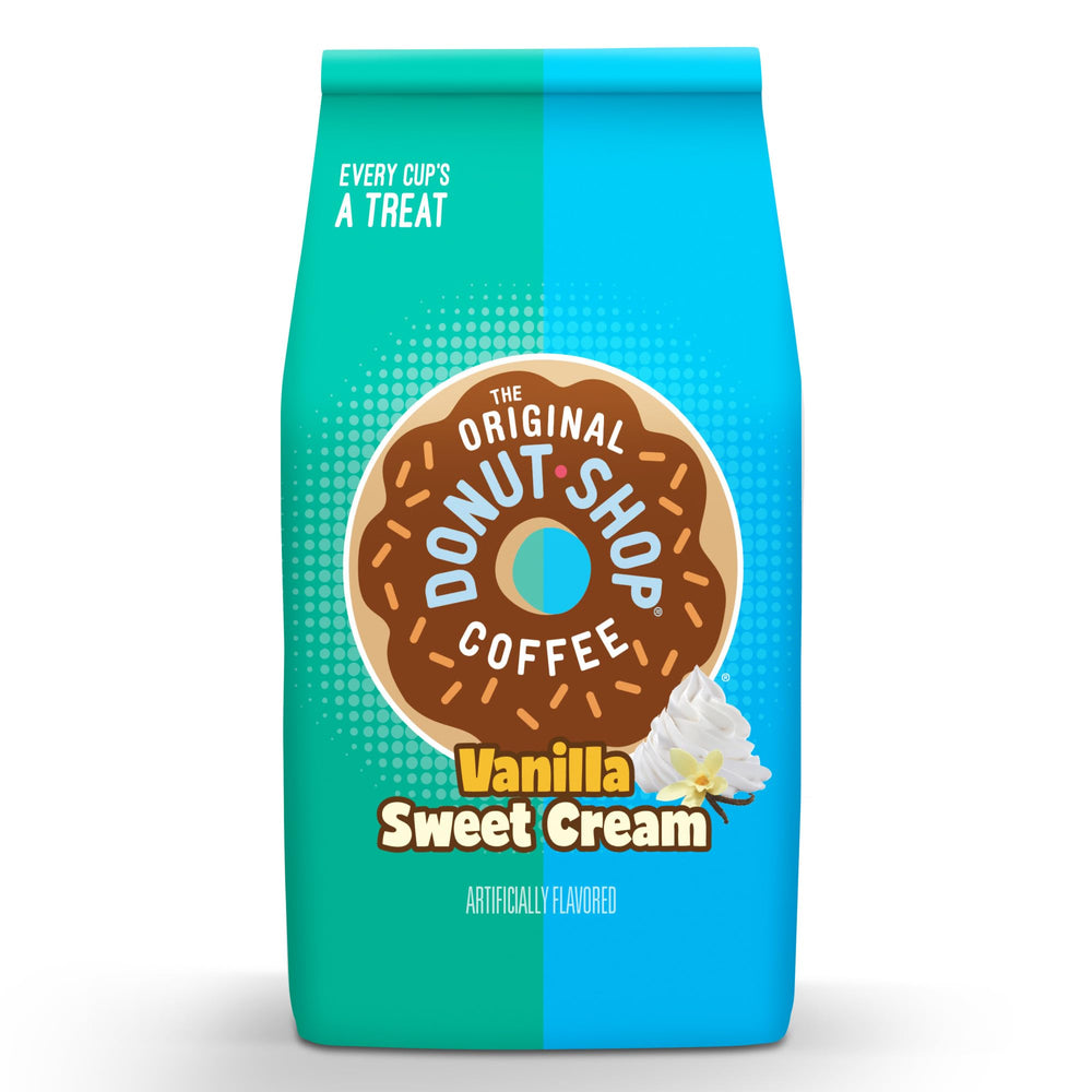 The Original Donut Shop Vanilla Sweet Cream morning routine with coffee and beans.