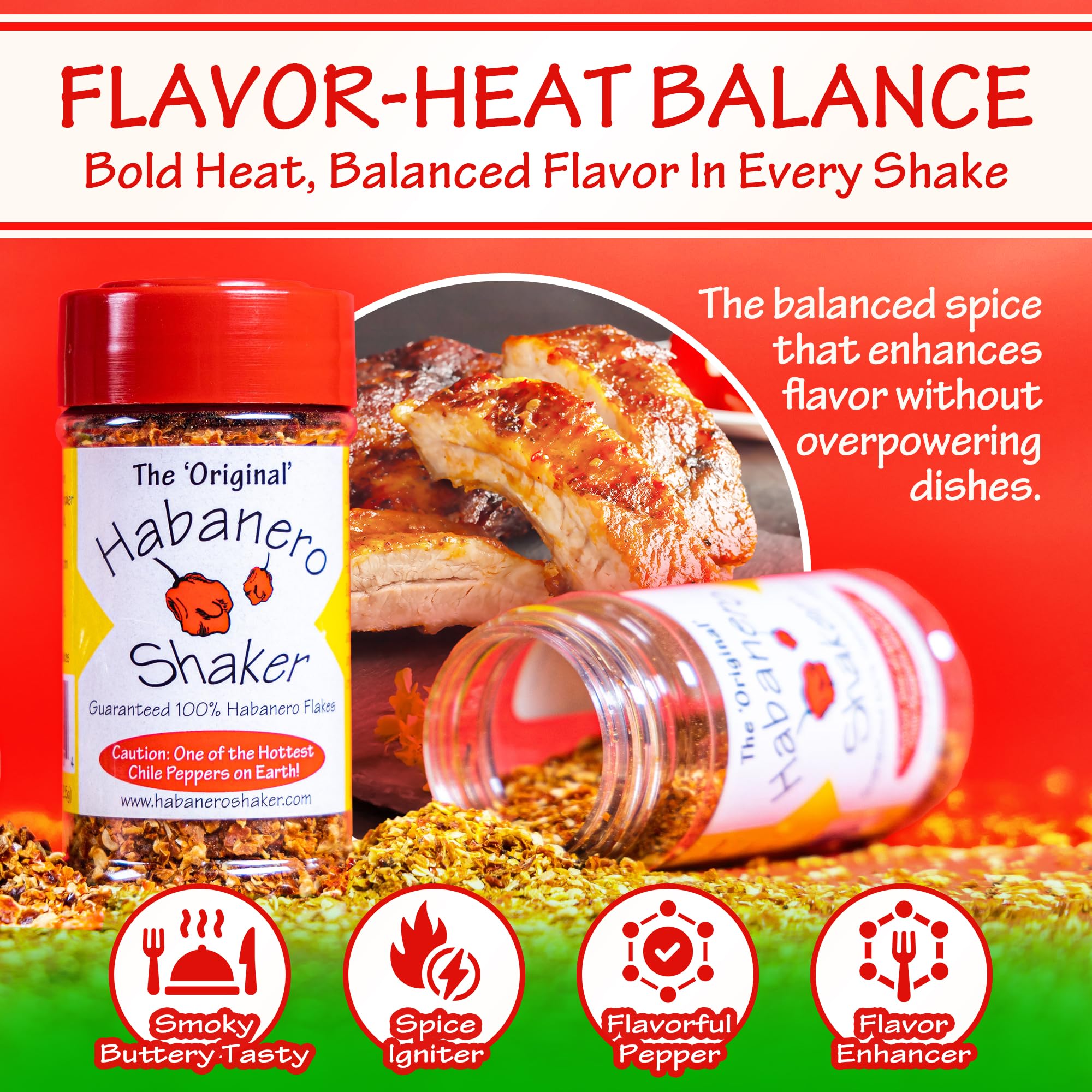 The Original Habanero Shaker dispense action demonstrates controlled seasoning.