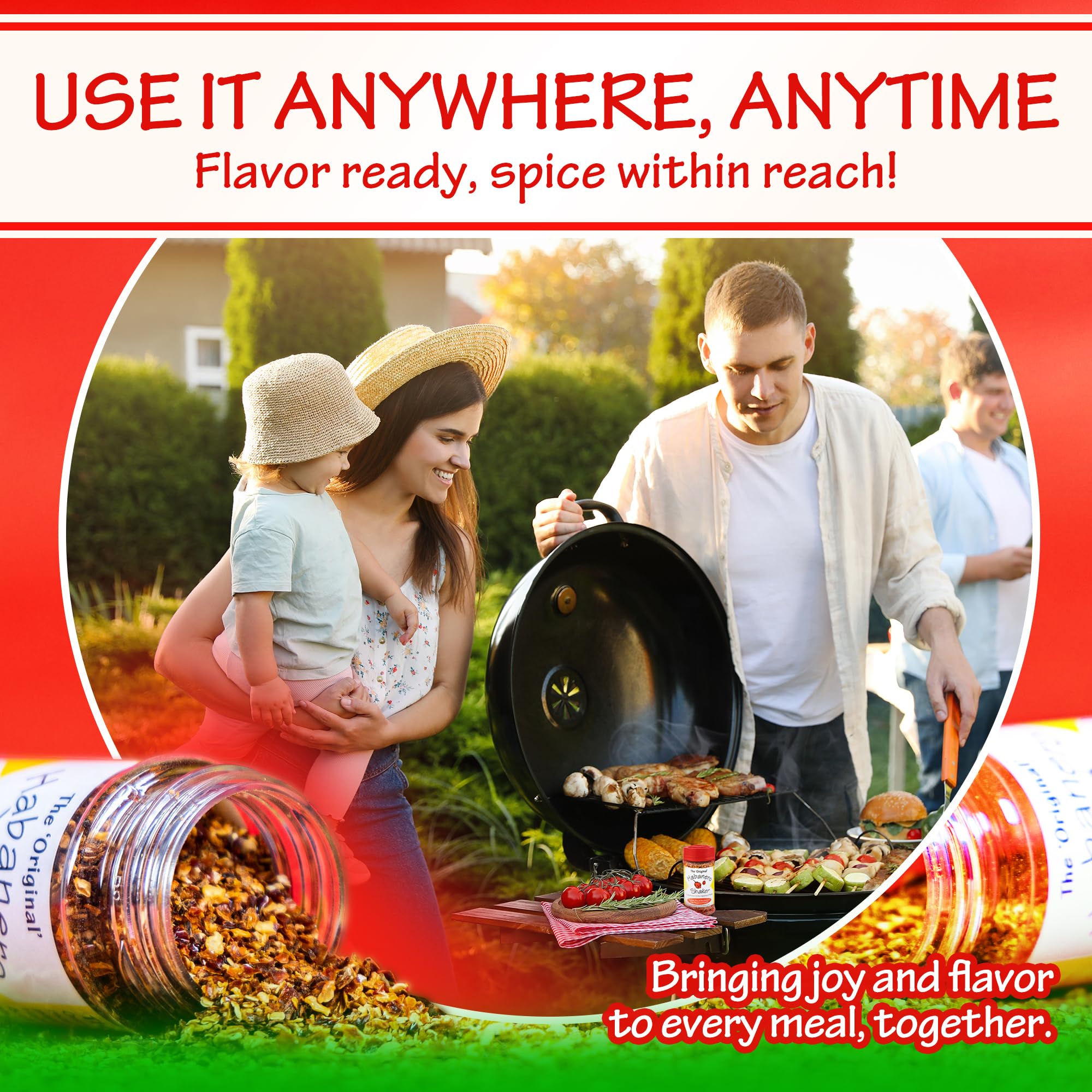 The Original Habanero Shaker glass dish shot shows vibrant flakes on food.