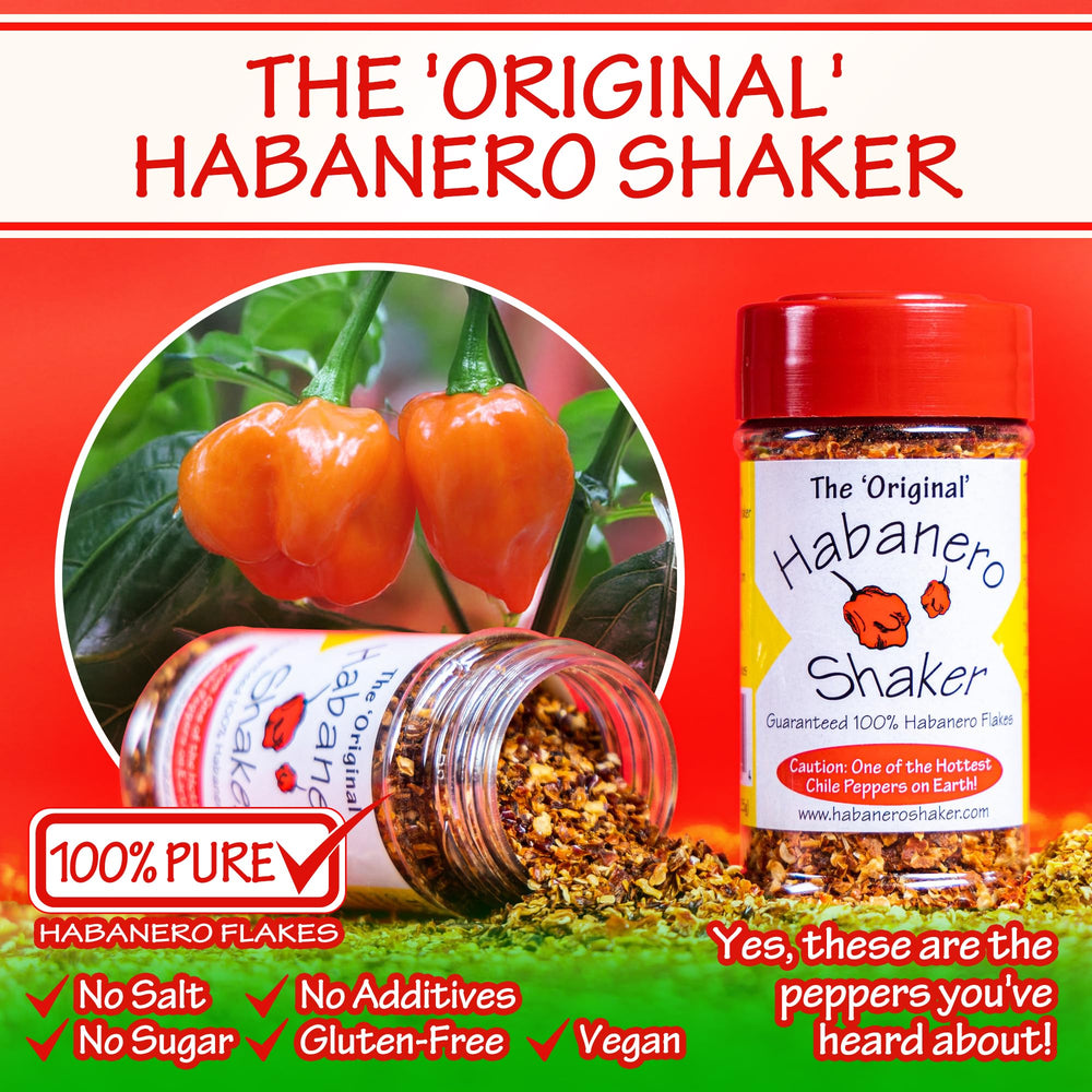 The Original Habanero Shaker ground flakes close-up showing bold heat.
