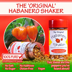 The Original Habanero Shaker ground flakes close-up showing bold heat.