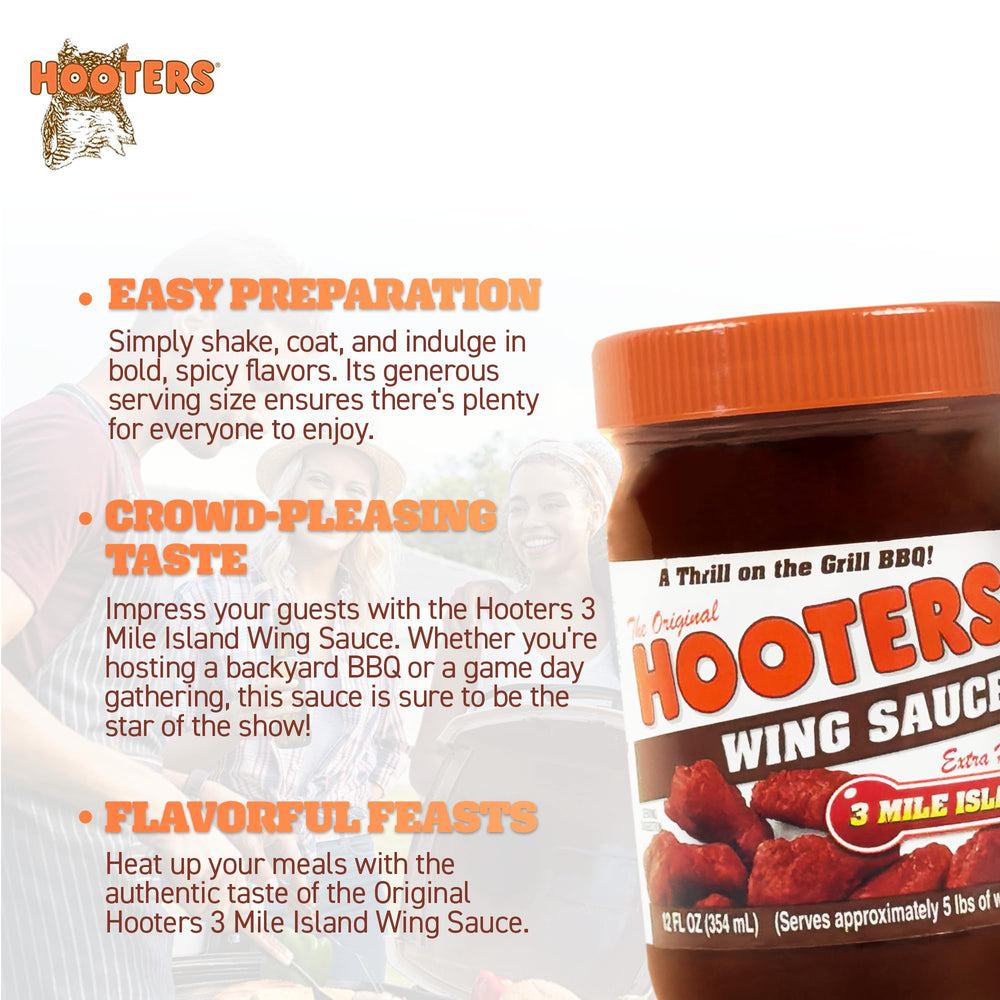 Back-of-label view of The Original Hooters 3 Mile Island sauce with ingredients.