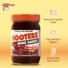 Close-up of The Original Hooters 3 Mile Island sauce label highlighting pepper blend.