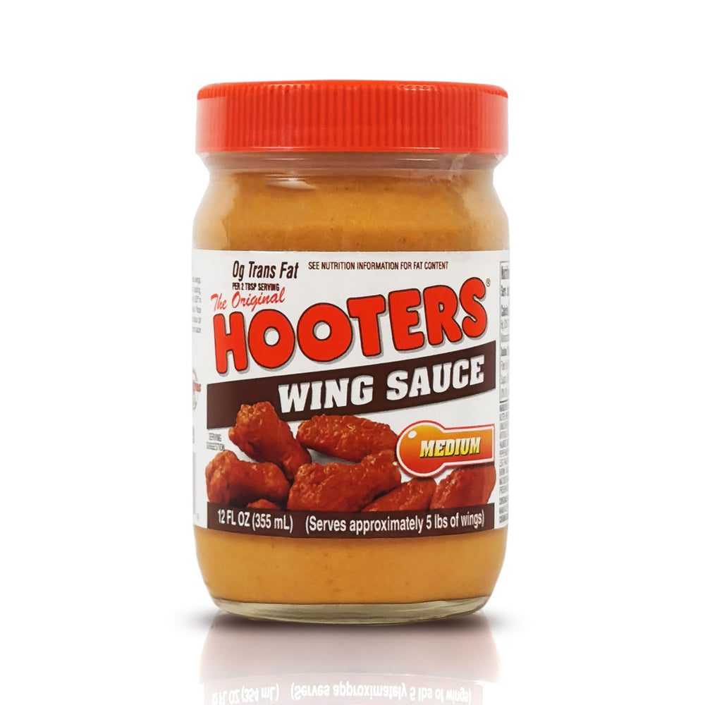 The Original Hooters Medium Wing Sauce bottle front, bold flavor promise.