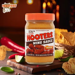 The Original Hooters Medium Wing Sauce label close-up highlighting premium ingredients.