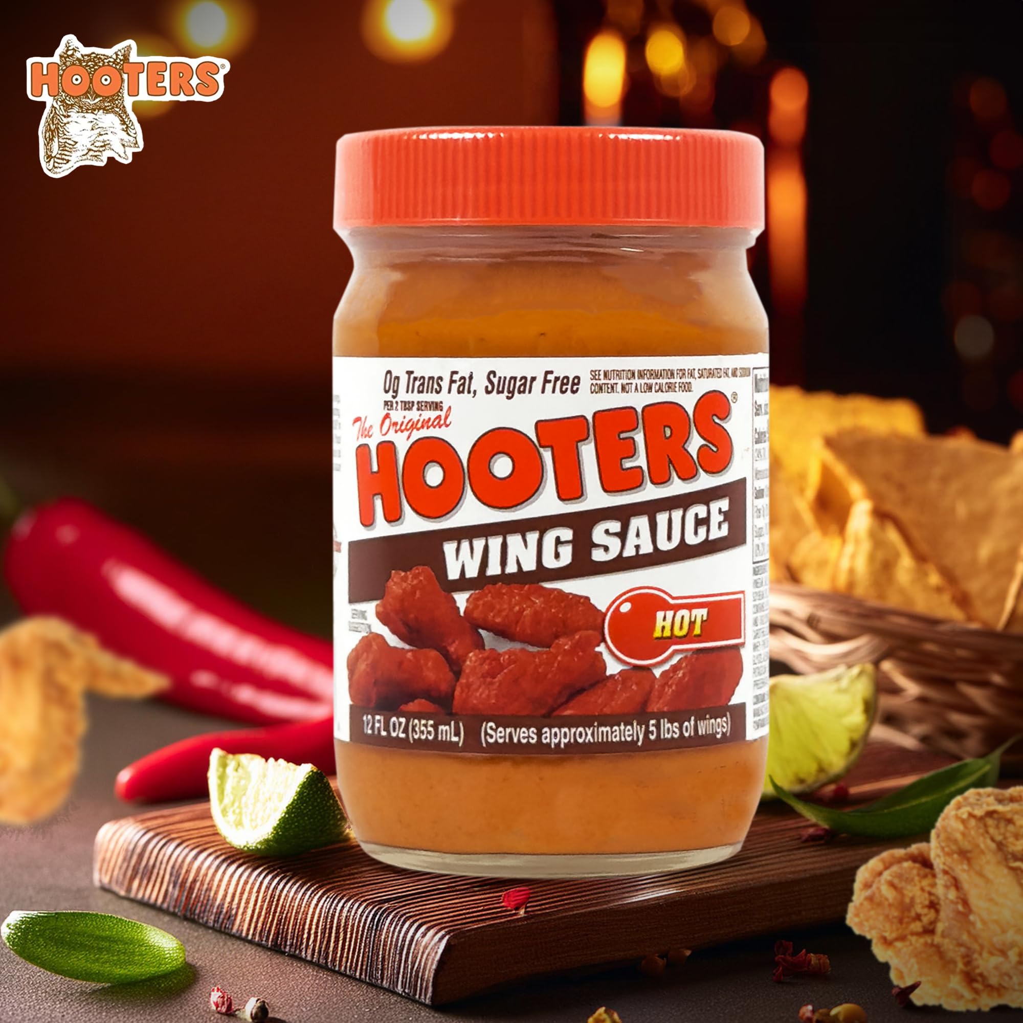 The Original Hooters Wing Hot glazed wings shot highlights tangy heat.
