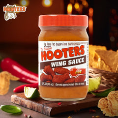 The Original Hooters Wing Hot glazed wings shot highlights tangy heat.