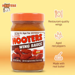 The Original Hooters Wing Hot label closeup showcases premium ingredients.