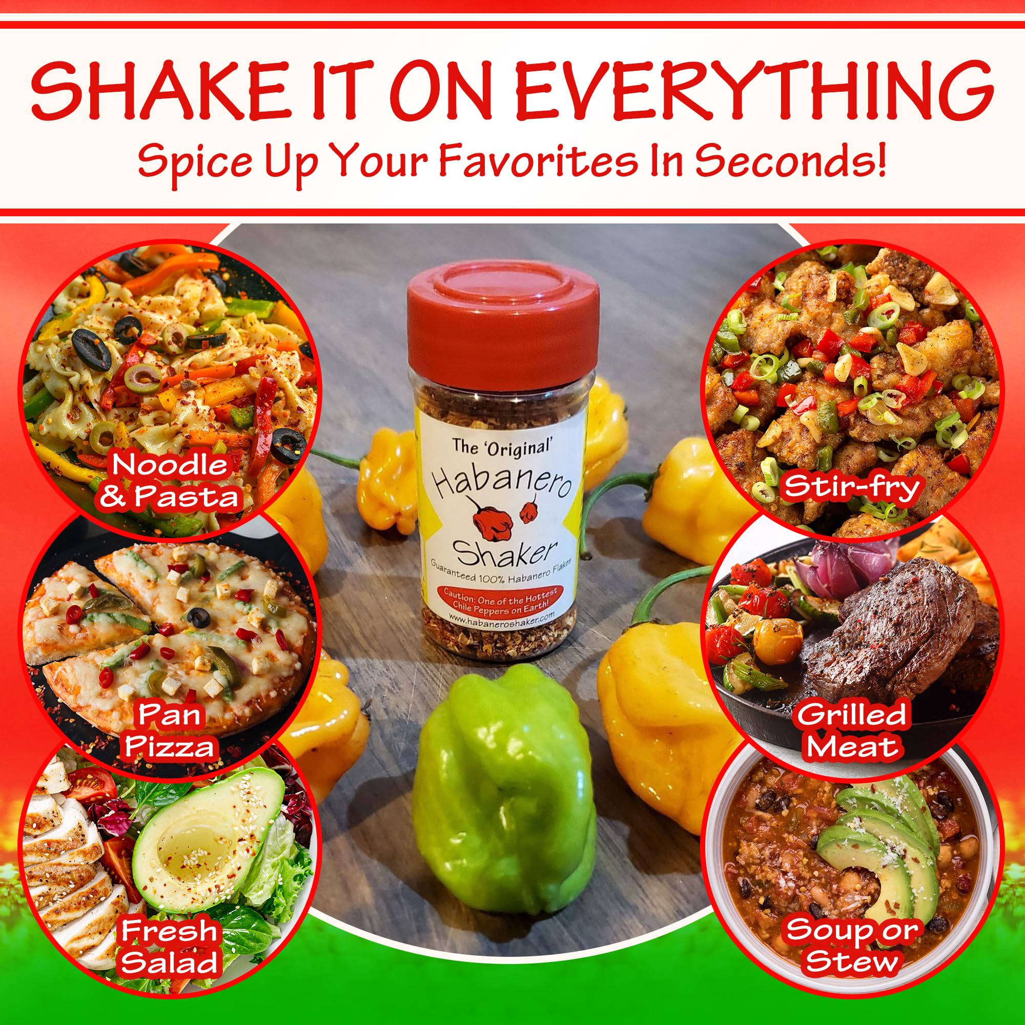 The Original Habanero Shaker package front emphasizes gluten-free, additive-free spice.