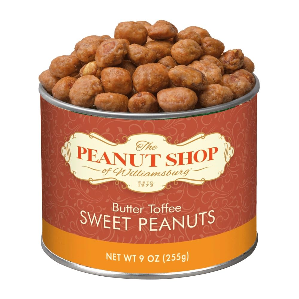 The Peanut Shop of Williamsburg butter toffee peanuts in a tin for gifting and snacking.