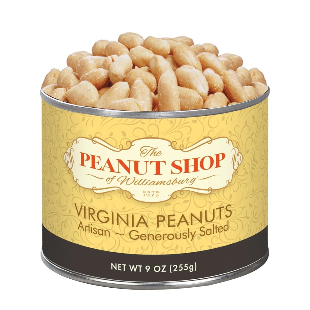The Peanut Shop of Williamsburg artisan Virginia peanuts in a 9 oz tin, ready for snacking.