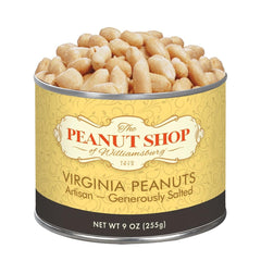 The Peanut Shop of Williamsburg artisan Virginia peanuts in a 9 oz tin, ready for snacking.