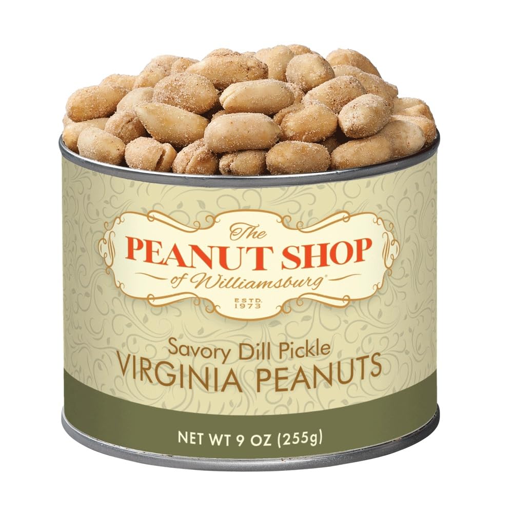 The Peanut Shop of Williamsburg dill pickle peanuts in a 9 oz tin offer tangy flavor for snacking