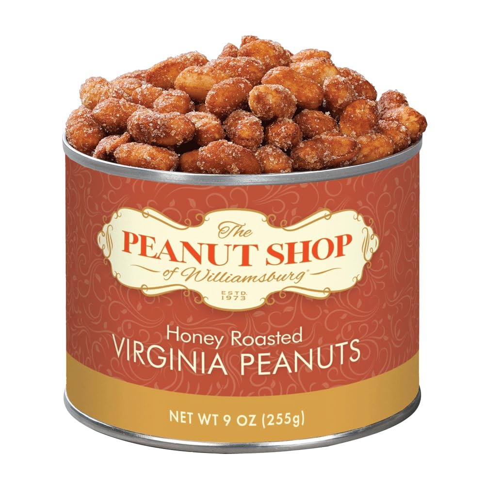 The Peanut Shop of Williamsburg honey roasted peanuts tin, gluten free and kosher snack.