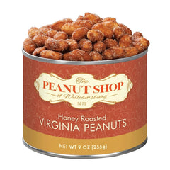 The Peanut Shop of Williamsburg honey roasted peanuts tin, gluten free and kosher snack.
