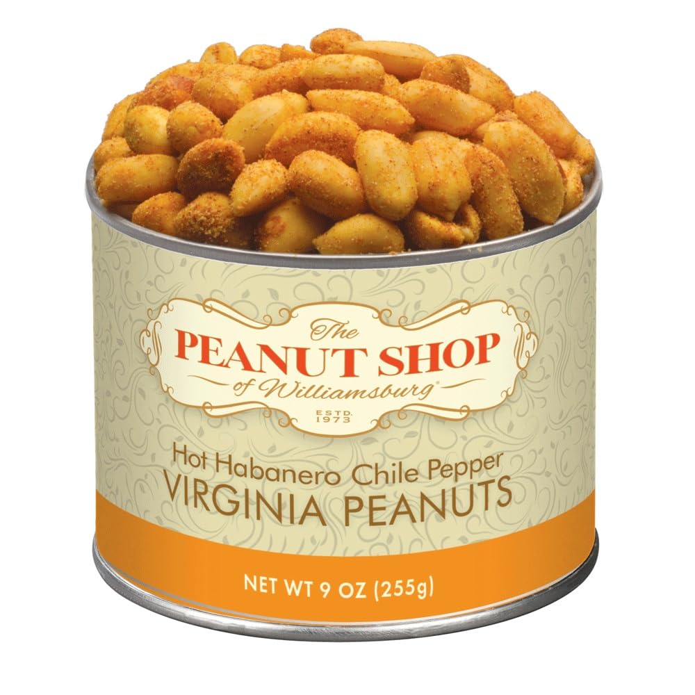 The Peanut Shop of Williamsburg hot habanero peanuts in a 9oz tin, spicy and shareable